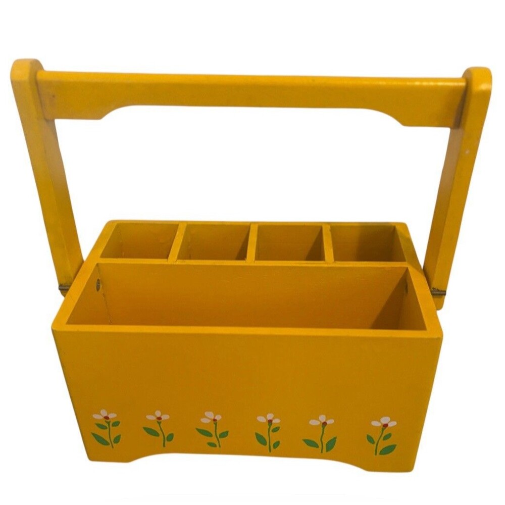 Vtg 1984 Teleflora Yellow Wooden Handle Caddy Desk Organizer Flower Crate 8in